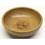 Adzed oak circular bowl, carved with signature shamrock, D17.5cm