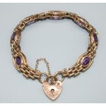 9ct yellow gold three bar gate bracelet set with amethyst, with heart padlock clasp and safety
