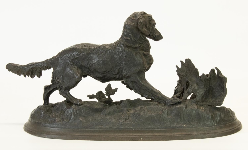 After Pierre Jules Mene: cast iron model of a Setter, flushing out a bird from foliage, on stepped - Image 2 of 2