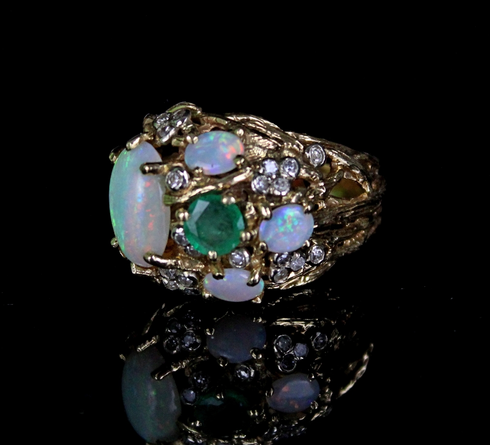 18ct yellow gold cocktail ring set with cabochon opals and brilliant cut emeralds and diamonds, - Image 4 of 5