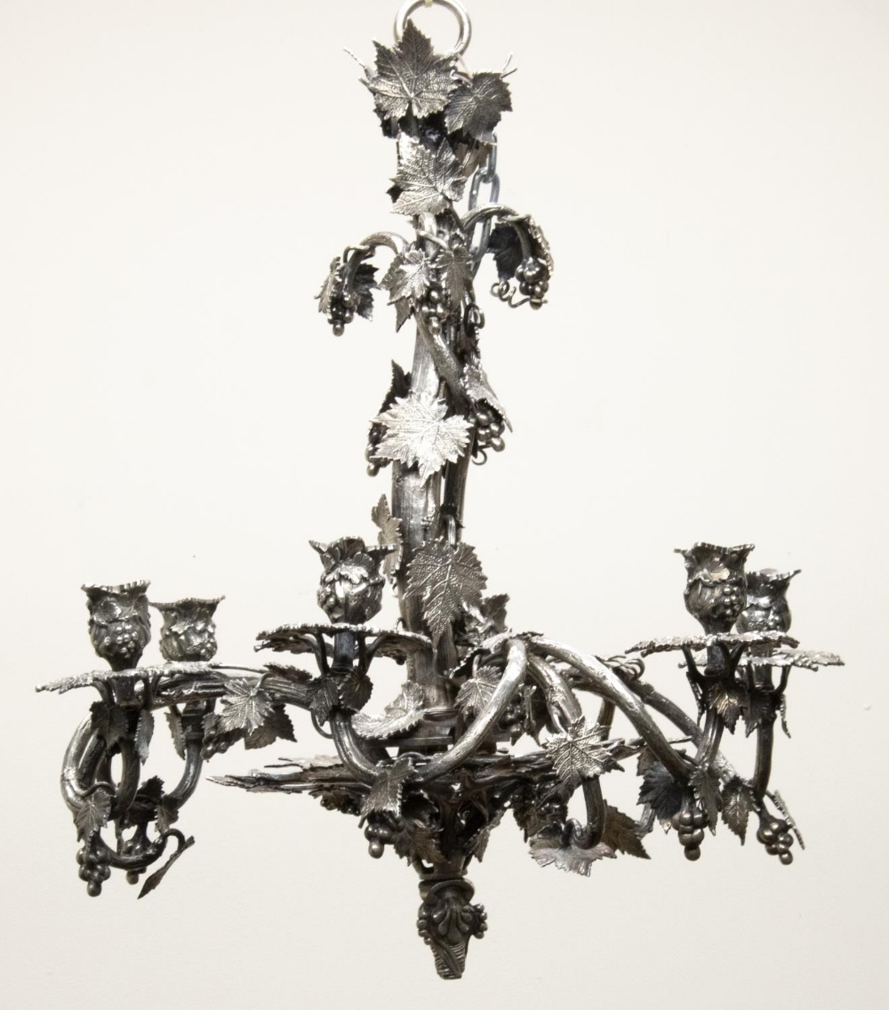 Elkington style Electroplated chandelier, six branches cast with branchwork of vines and trailing