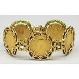 Yellow metal and enamel bracelet set with five Geo.V 1925 gold sovereigns, gross 85.6g