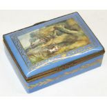Continental porcelain rectangular box, metal hinged domed lid painted with two fishermen and a dog