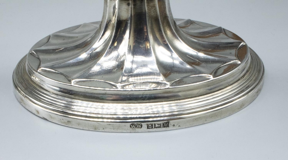 Pair of ER.ll hallmarked Adam style silver candlesticks, fluted urn sconces on reeded columns, - Image 2 of 2