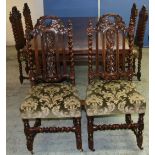 Set of six Victorian oak dining chairs, vine carved pierced barley twist backs with stuffed over