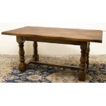 Oak refectory style table, rectangular top on baluster turned and block supports joined by H