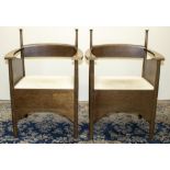Pair of Charles Rennie Mackintosh style oak Tea room type chairs, curved backs and arms with drop in
