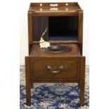 George III mahogany tray top commode, tambour door above pull-out with ceramic liner, on square