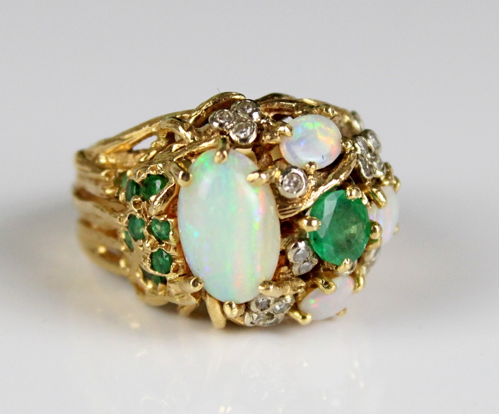 18ct yellow gold cocktail ring set with cabochon opals and brilliant cut emeralds and diamonds,