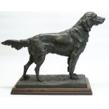 After P J Mene: patinated resin model of a gun dog, on rectangular naturalistic base and oak plinth,
