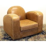 Art Deco style light brown leather club type chair, with arched back, shaped arms and loose seat