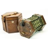 C19th century Charles Wheatstone and Co 48 key concertina, hexagonal rosewood end panels inlaid with