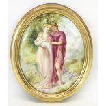 Continental oval porcelain plaque painted with lovers in a garden landscape, H28cm