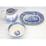 C19th blue and white transfer Japanese pattern jug, H23cm, a similar Rural Scenes oval dish, W44cm
