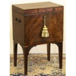 George III mahogany cellarette, with satinwood banded top, fitted interior, brass side handles on