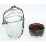 C20th Danish rectangular tapering clear glass ice bucket, silver openwork handle stamped Dansk