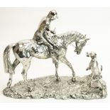 Silvered Hunting group modelled as a mounted huntsman with hound, on a naturalistic base, W33cm