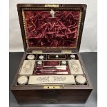 Victorian rosewood dressing case, fitted interior with mirror, lift out tray, ten EPNS topped