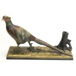 Austrian cold painted spelter table lighter in the form of a cock pheasant by a tree stump, complete