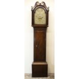 George III mahogany long case clock, painted 18 1/2in arched Roman dial with Arabic quarters, signed