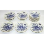 Victorian dessert service, blue and white transfer decorated circular fluted plates with birds