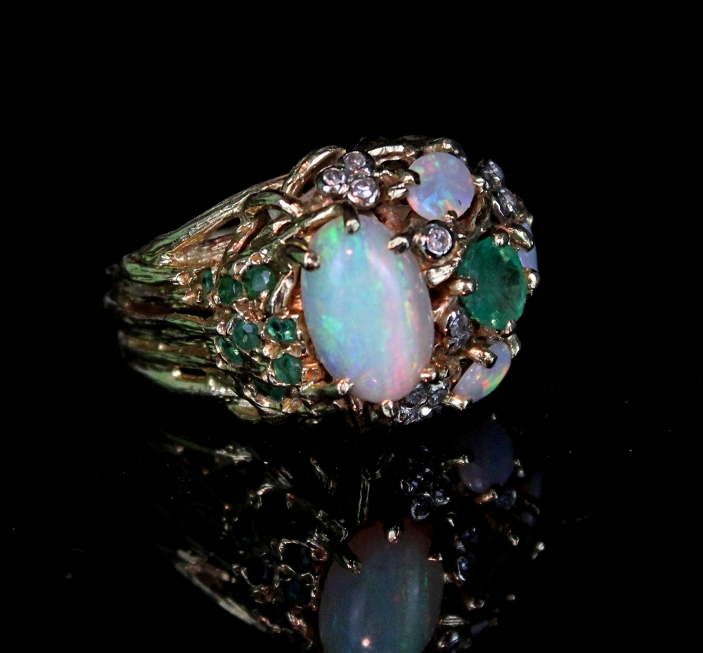 18ct yellow gold cocktail ring set with cabochon opals and brilliant cut emeralds and diamonds, - Image 3 of 5