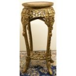Early C20th Chinese jardiniere pedestal, circular top with inset varigated marble panel, leaf and