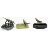 C20th onyx rectangular ashtray set with a cold painted model of a pheasant, another similar and a