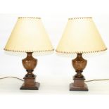 Pair of urn shaped table lamps, painted wood with ebonised detail and parchment type shades, H4cm (