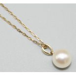 Mikimoto 14ct yellow gold single pearl pendant on gold chain necklace, both stamped K14, 2.1g