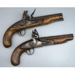 Pair of Dragoon service style flintlock pistols, 7" smooth bore barrels with proof marks, brass