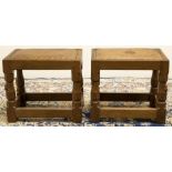 Robert "Mouseman" Thompson of Kilburn - a pair of rectangular stools, brass nailed upholstered