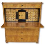 Biedermeier satinwood Escritoire, frieze drawer above a fall front revealing interior fitted with