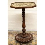 Victorian mahogany pedestal table, embroidered silkwork top on baluster column support and lobed