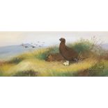Gordon C Turton (British b.1947); Pair of Grouse with flock flying over, in a landscape,