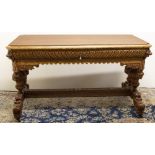 C20th light oak rectangular side table, gadrooned frieze drawer on twin lobed end supports and