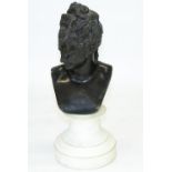Late C19th patinated bronze head and shoulder bust of Marie Antoinette, on polished white marble