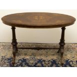 Victorian inlaid burr walnut centre table, moulded oval top on slender turned end supports with