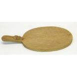 Robert "Mouseman" Thompson of Kilburn - adzed oak oval cheese board, curved handle carved with