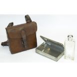 C20th nickel plated folding sandwich box, and a glass flask with silver plated top, in fitted