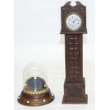 C20th naïve carved and stained wood pocket watch stand in the form of a long case clock, H34cm