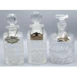 Two hobnail decorated lead crystal decanters, similar jug with prismatic stoppers, with EPNS