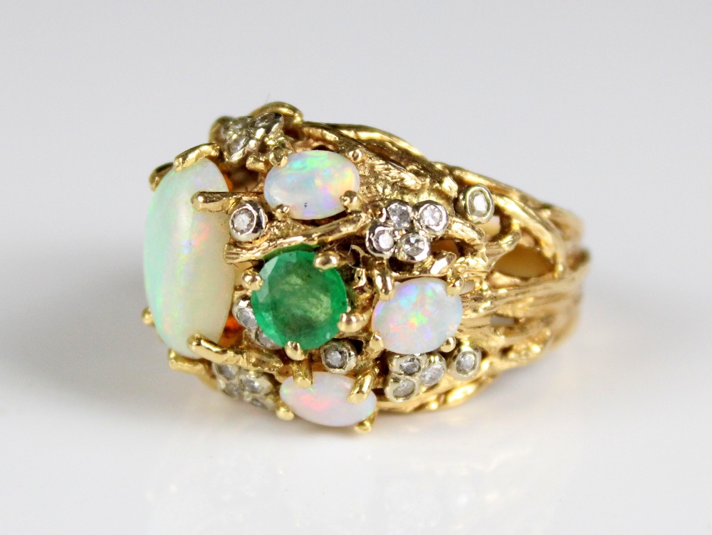 18ct yellow gold cocktail ring set with cabochon opals and brilliant cut emeralds and diamonds, - Image 2 of 5