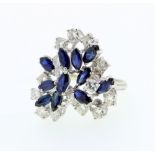 18ct white gold cocktail cluster ring set with round cut diamonds and marquise cut sapphires, in