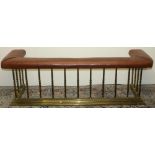 C20th club fender, upholstered top on brass twist column supports and stepped base, W154cm D50cm