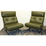 Two 1960s /70s Tetrad Nucleus style chairs, green leather upholstered loose cushions on shaped metal