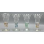 Set of four Gillies Jones of Rosedale wine glasses, trumpet bowls on tapering stems entwined with