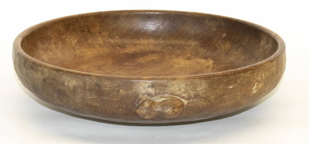 Colin "Beaverman" Almack - adzed oak circular fruit bowl, relief carved with signature beaver, D32cm