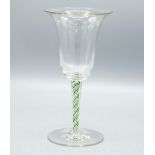 Georgian style wine glass, bell shaped bowl on green and white twist stem, circular foot, H18.5cm