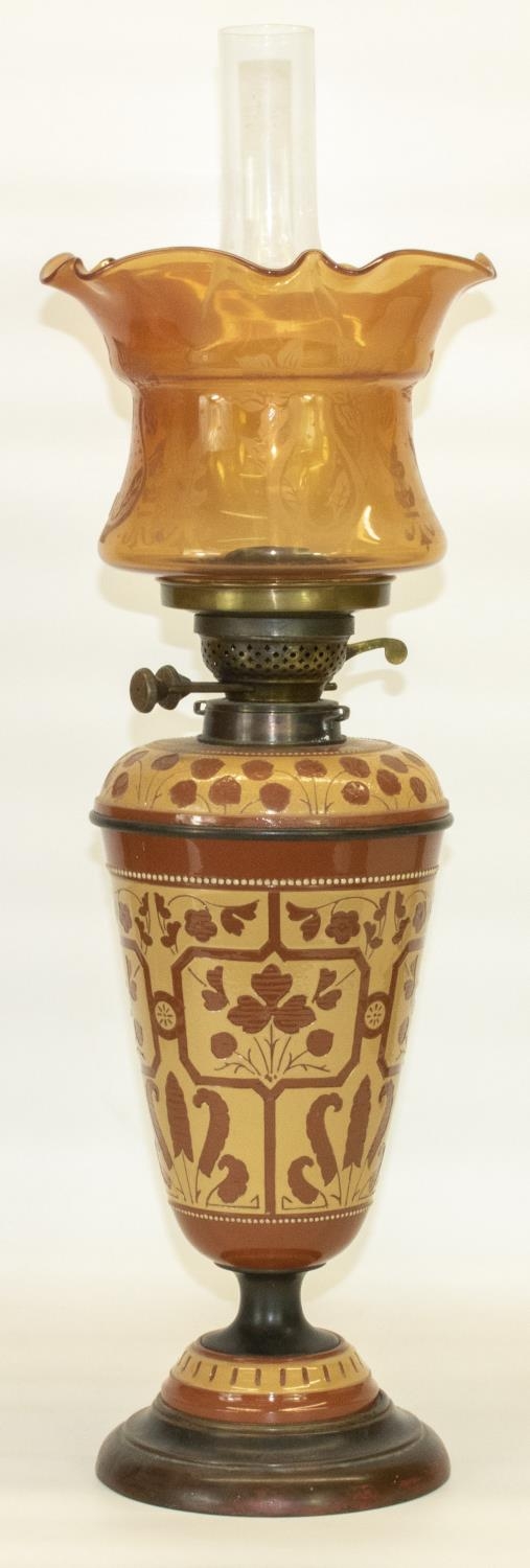 Aesthetic Movement Torquay Terracotta Co. pottery and brass oil lamp, the body and lift off